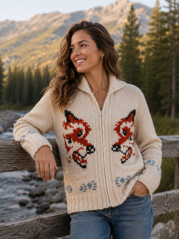 Fox Cardigan Sweater for Women Hand Knit Wool Zip Up