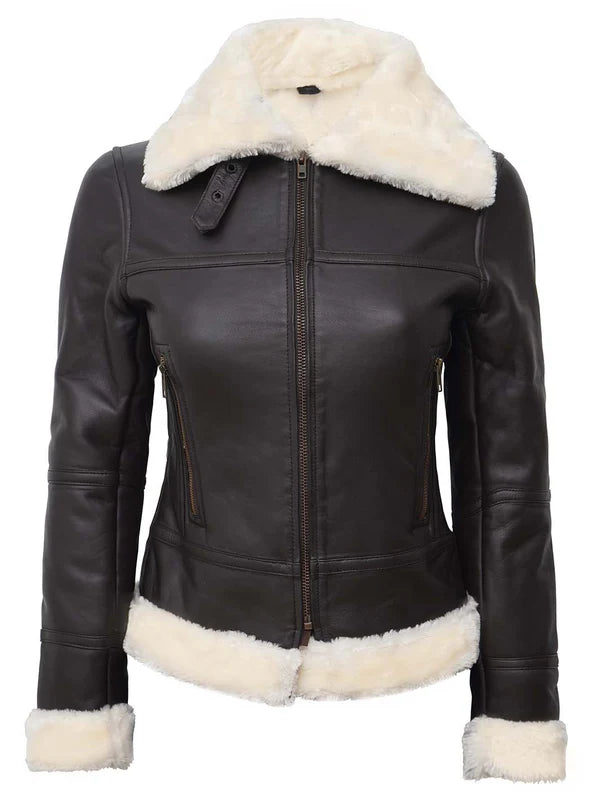 Frances Dark Brown Real Leather Shearling Bomber Jacket