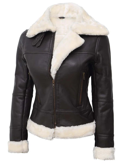 Frances Dark Brown Real Leather Shearling Bomber Jacket