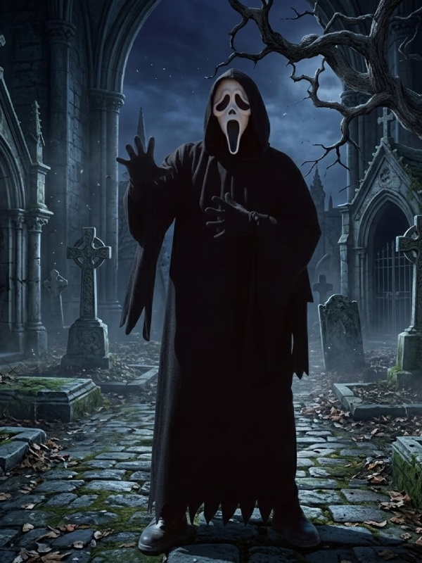 Ghost Face Robe Halloween Costume Black Hooded Cloak Scary Movie Character