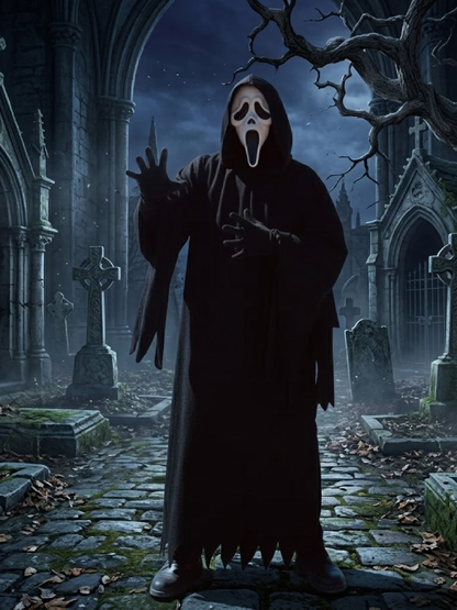 Ghost Face Robe Halloween Costume Black Hooded Cloak Scary Movie Character