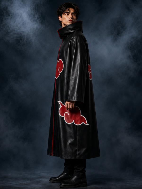Gothic Ninja Leather Coat Black Hooded Robe Trench for Men