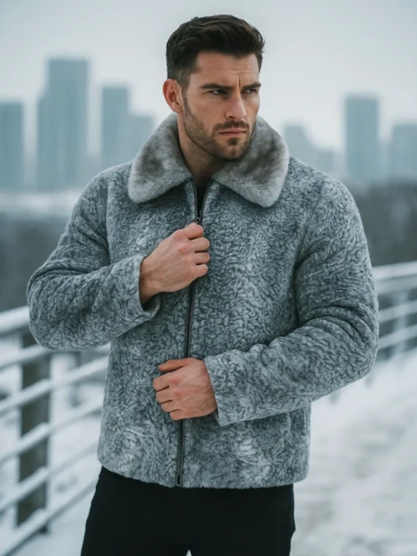Gray Persian Lamb Fur Overcoat with Mink Fur Collar