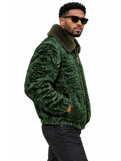 Green Persian Lamb Fur Bomber Coat for Men