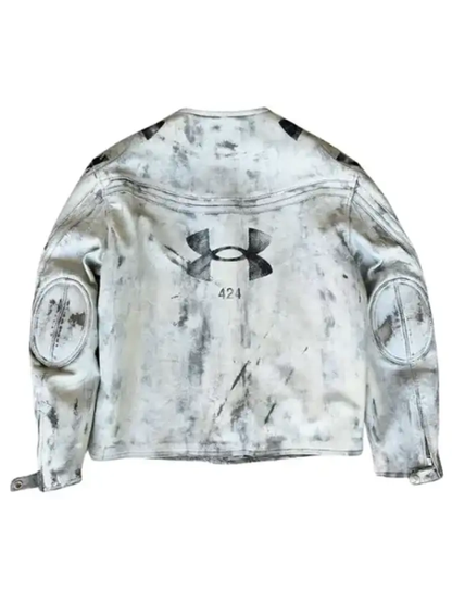 Gunna Paris Fashion Week 2026 Under Armour Vintage Moto Red and White Leather Jacket