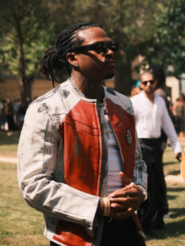 Gunna Paris Fashion Week 2026 Under Armour Vintage Moto Red and White Leather Jacket For Men and Women