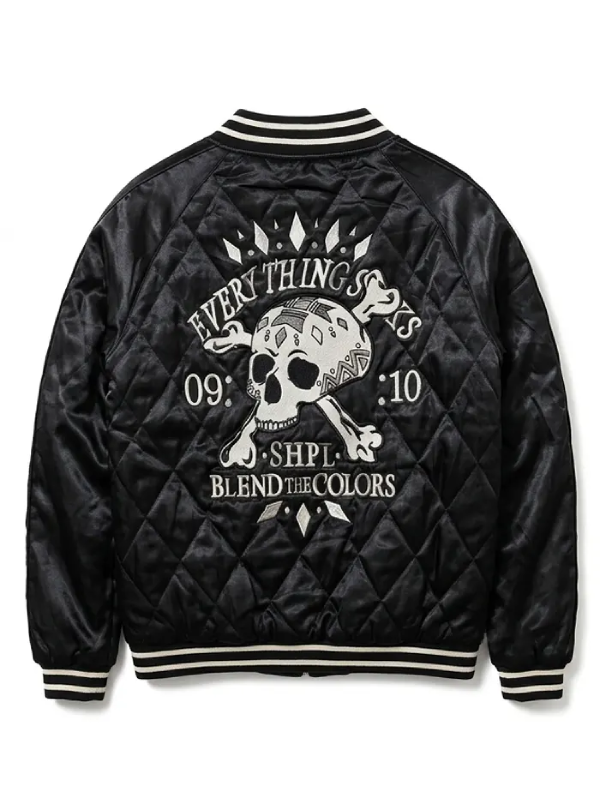 Halloween Skull and Crossbone Quilted Black Bomber Jacket