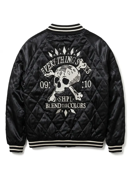 Halloween Skull and Crossbone Quilted Black Bomber Jacket