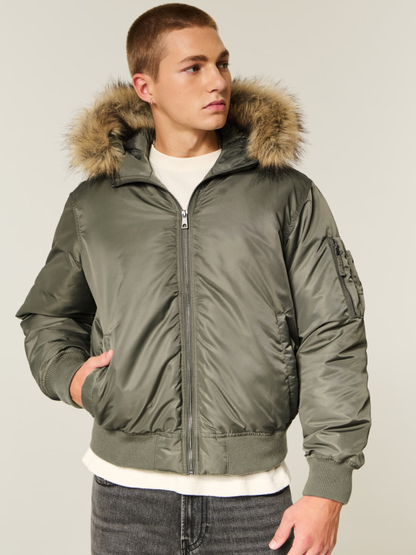 Hollister Men's Faux Fur Trim Zip-Up Bomber Jacket