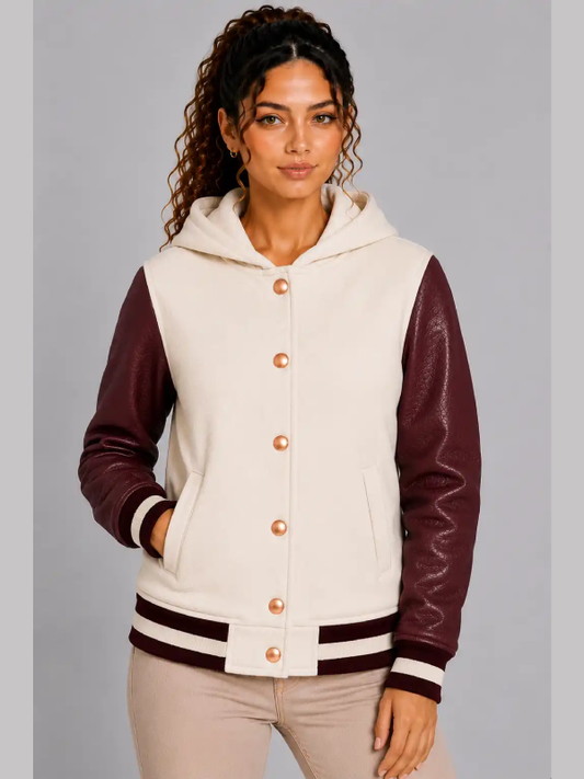 Ivory Burgundy Leather Hooded Womens Varsity Jacket
