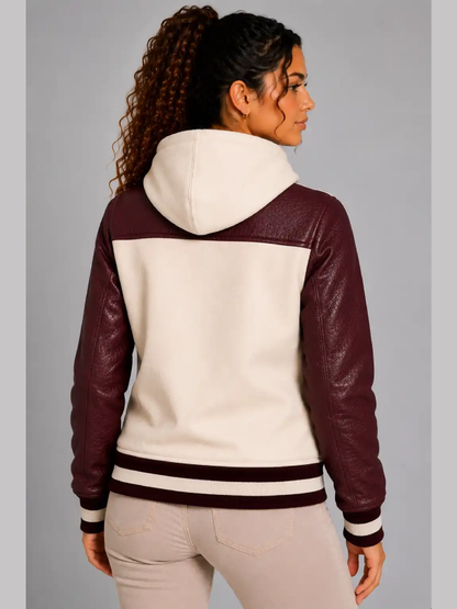 Ivory Burgundy Leather Hooded Womens Varsity Jacket Rose Gold