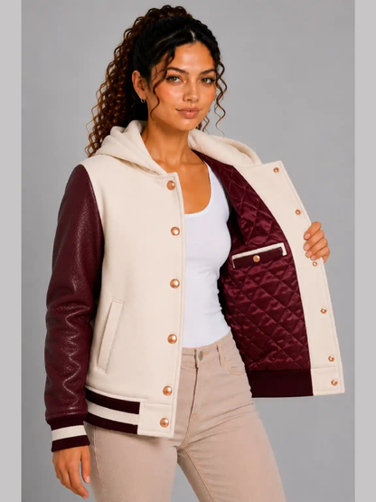 Ivory Burgundy Leather Hooded Womens Varsity Jacket Rose Gold On Sale