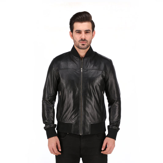 Men's Black Cafe Racer Lambskin Leather Bomber Jacket
