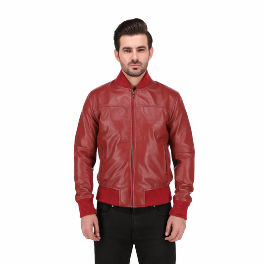 Men's Maroon Cafe Racer Lambskin Leather Bomber Jacket