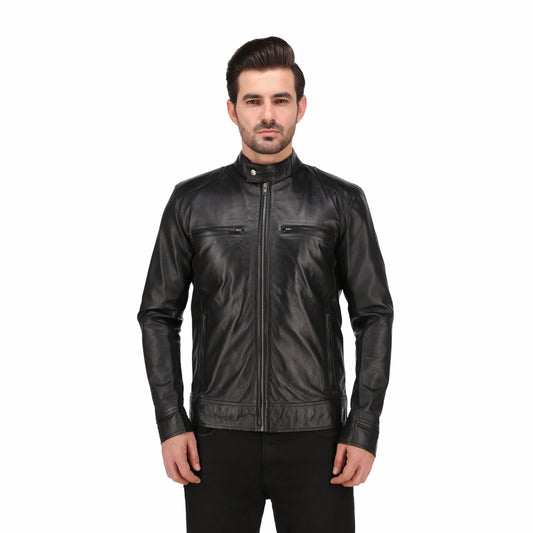 Men's Fashion Black Cafe Racer Leather Biker Jacket