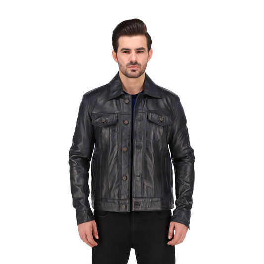 Mens Black Real Lambskin Leather Trucker Jacket