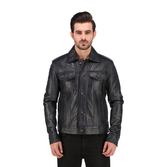 Mens Black Real Lambskin Leather Trucker Jacket