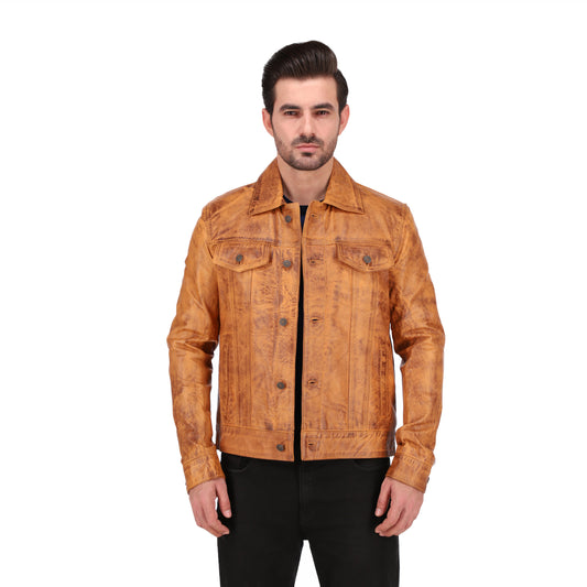 Mens Camel Brown Real Lambskin Leather Trucker Jacket