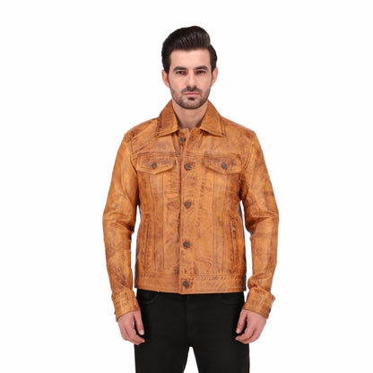 Mens Camel Brown Real Lambskin Leather Trucker Jacket