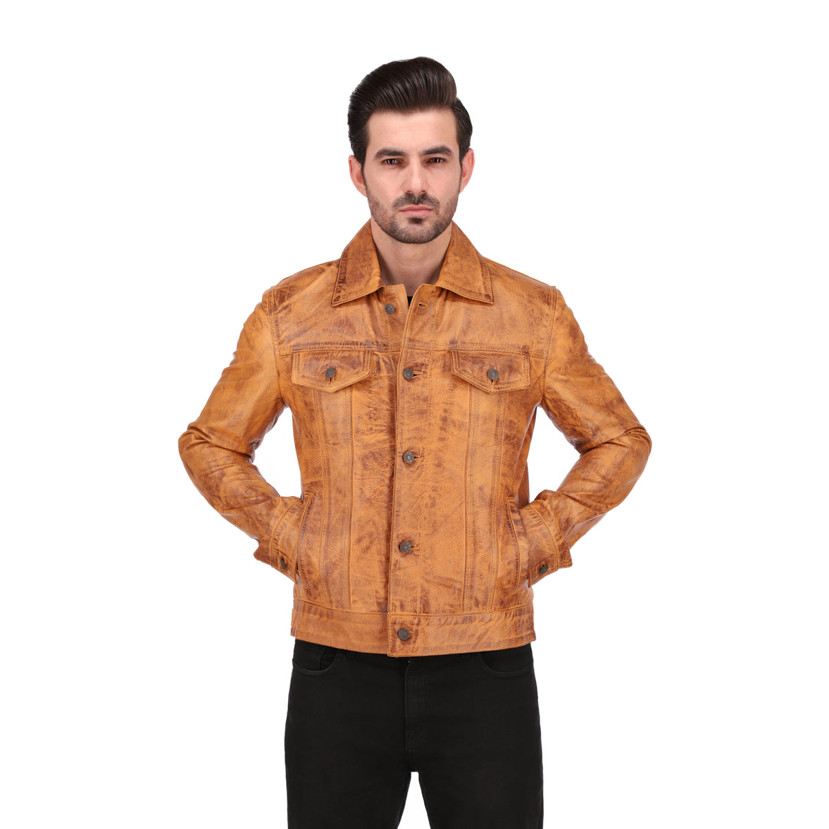 Mens Camel Brown Real Lambskin Leather Trucker Jacket