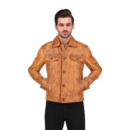Mens Camel Brown Real Lambskin Leather Trucker Jacket