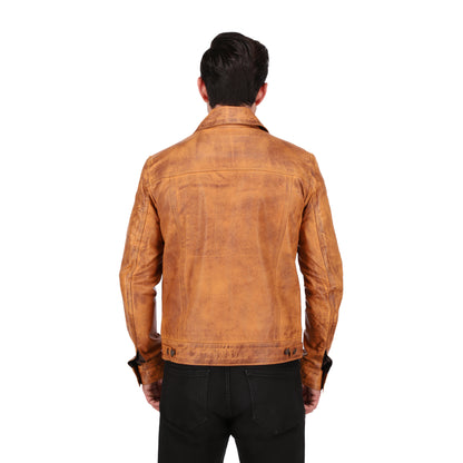Mens Camel Brown Real Lambskin Leather Trucker Jacket