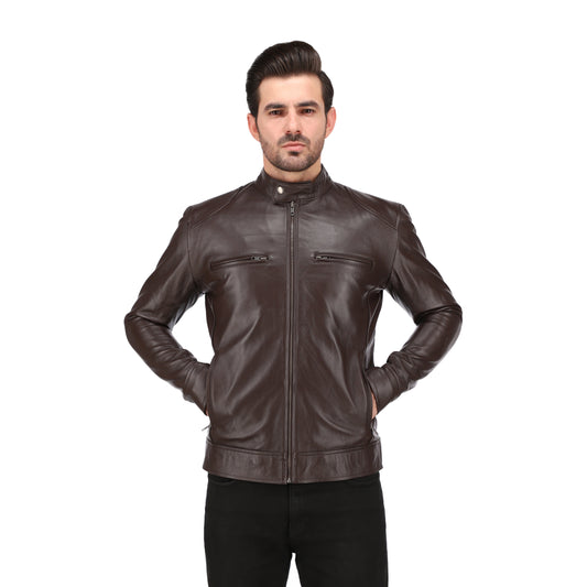 Men's Fashion Brown Cafe Racer Leather Biker Jacket