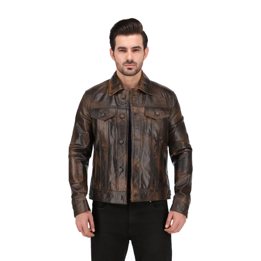 Mens Brown Distressed Real Lambskin Leather Trucker Jacket