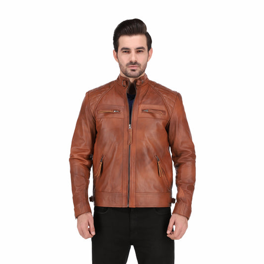 Men's Cognac Tan Brown Quilted Cafe Racer Leather Jacket