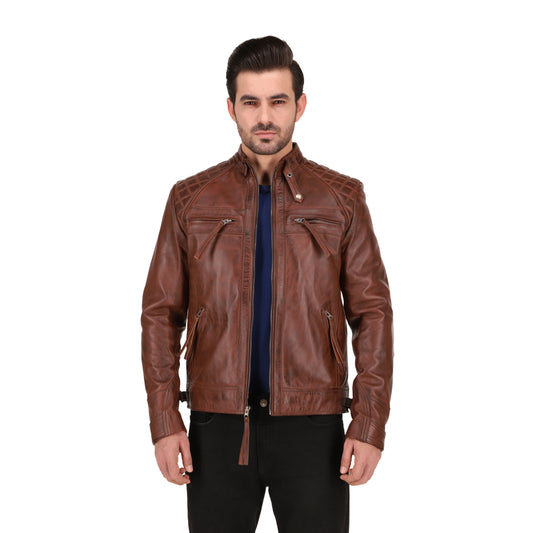Men's Cognac Brown Quilted Cafe Racer Leather Jacket