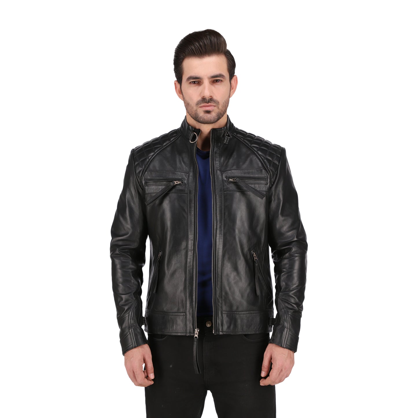 Men's Cognac Black Brown Quilted Cafe Racer Leather Jacket