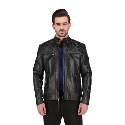 Men's Cognac Black Brown Quilted Cafe Racer Leather Jacket