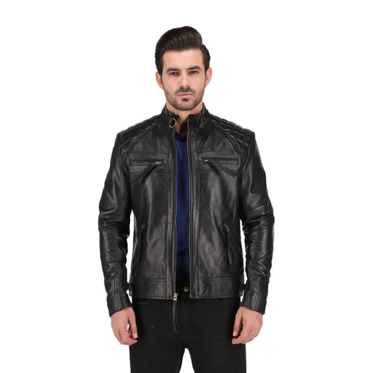 Men's Cognac Black Quilted Cafe Racer Leather Jacket