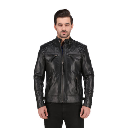 Men's Cognac Black Brown Quilted Cafe Racer Leather Jacket