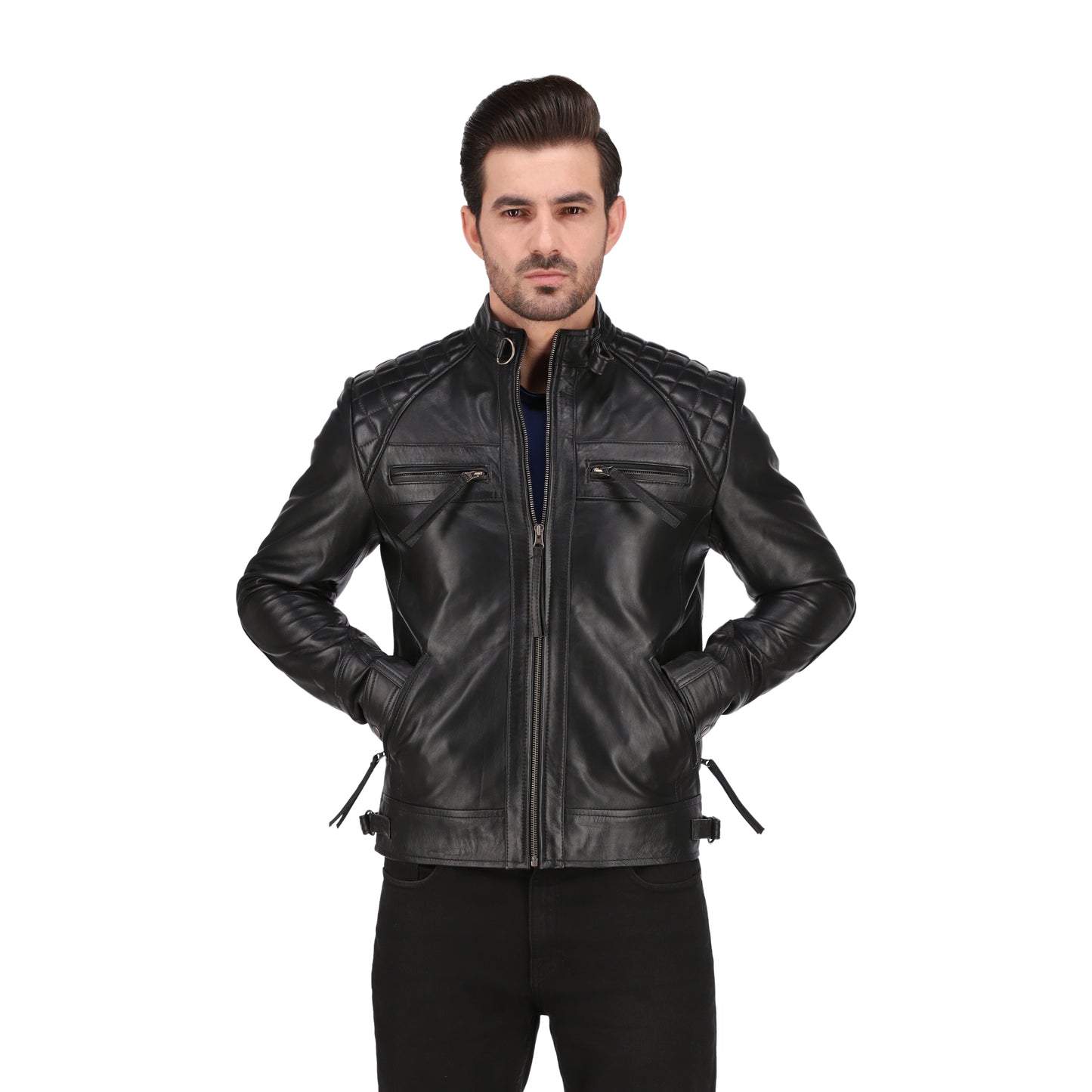 Men's Cognac Black Brown Quilted Cafe Racer Leather Jacket