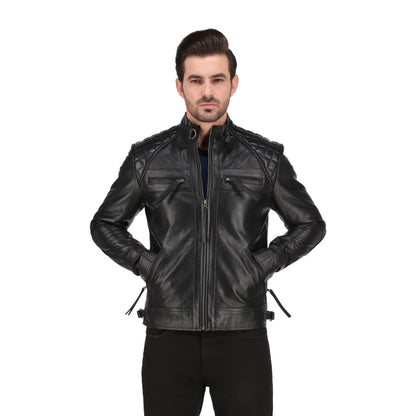 Men's Cognac Black Brown Quilted Cafe Racer Leather Jacket