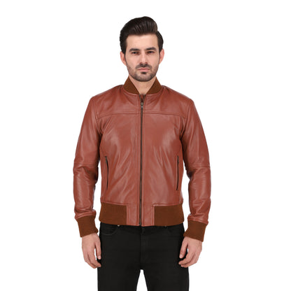 Men's Tan Brown Cafe Racer Lambskin Leather Bomber Jacket