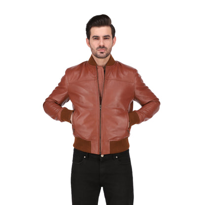Men's Tan Brown Cafe Racer Lambskin Leather Bomber Jacket