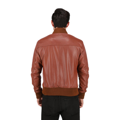 Men's Tan Brown Cafe Racer Lambskin Leather Bomber Jacket