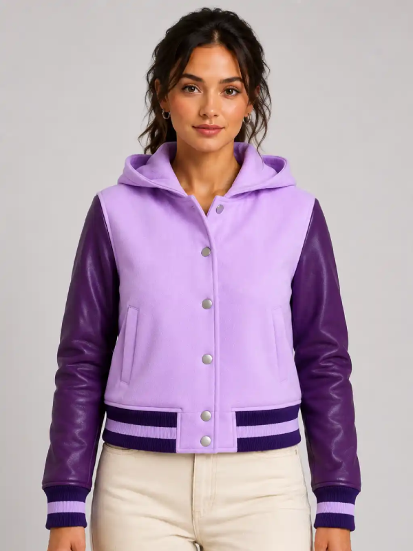 Lavender Plum Leather Hooded Womens Varsity Jacket