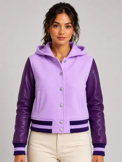 Lavender Plum Leather Hooded Womens Varsity Jacket