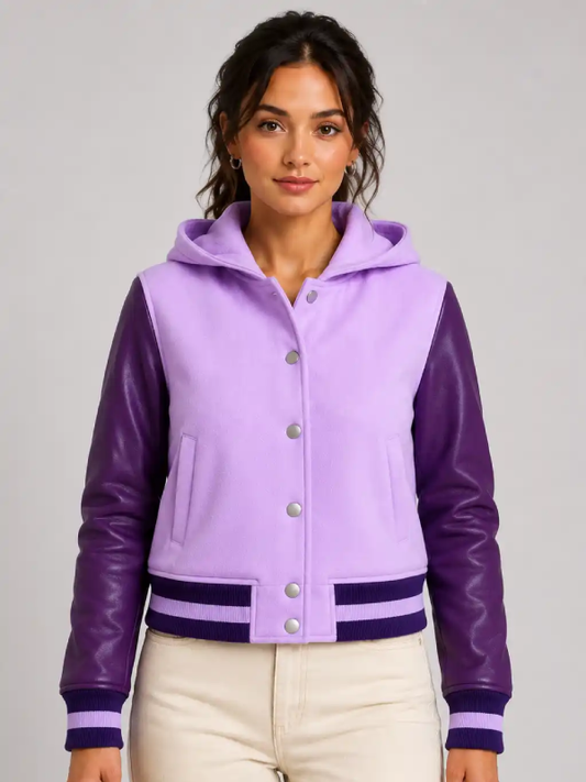 Lavender Plum Leather Hooded Womens Varsity Jacket