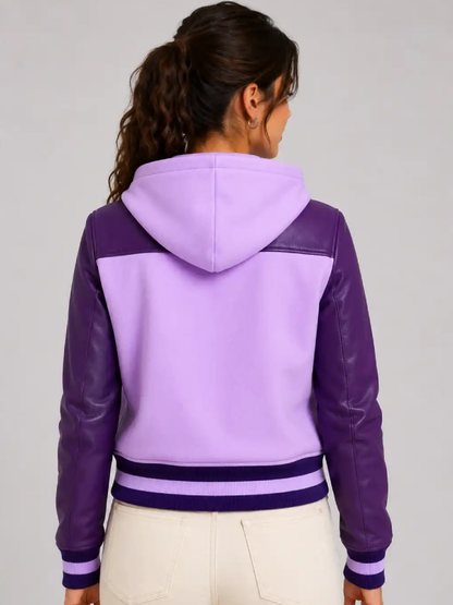 Lavender Plum Leather Hooded Womens Varsity Jacket 2026