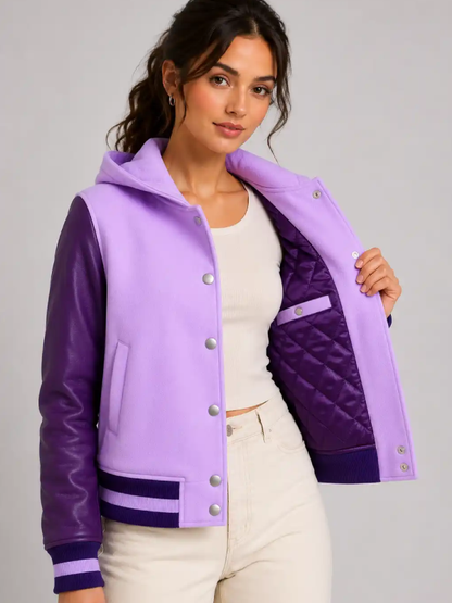 Lavender Plum Leather Hooded Womens Varsity Jacket Deep Violet