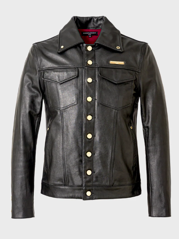 Leather Trucker Jacket Black with Gold Parts