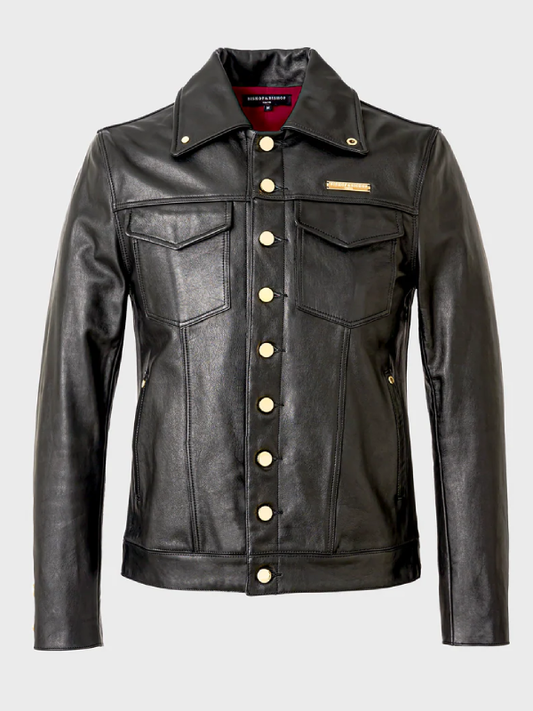 Leather Trucker Jacket Black with Gold Parts