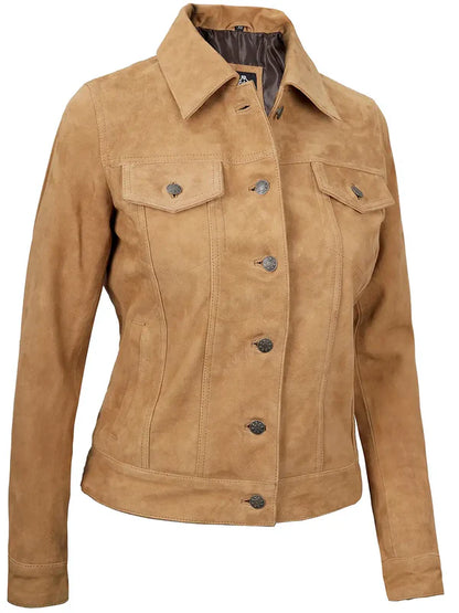 Women's Light Tan Suede Leather Trucker Jacket