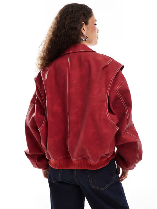 Lioness leather look contrast stitch bomber jacket in washed red