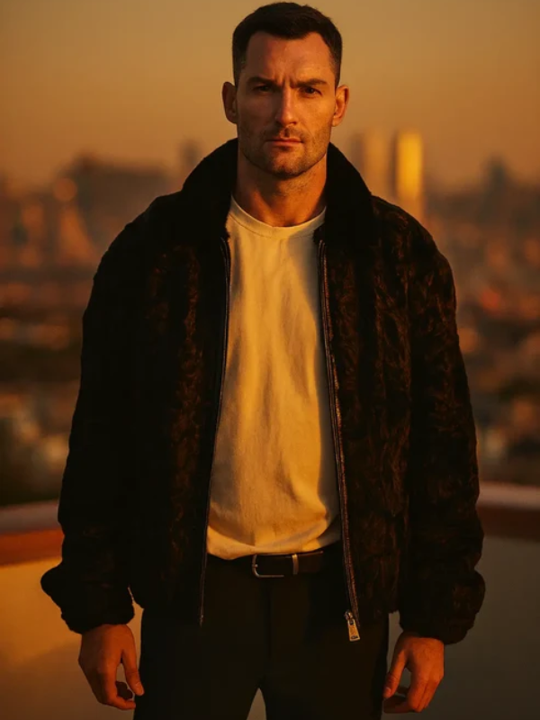 Luxury Black Persian Lamb Fur Coat for Men with Mink Collar