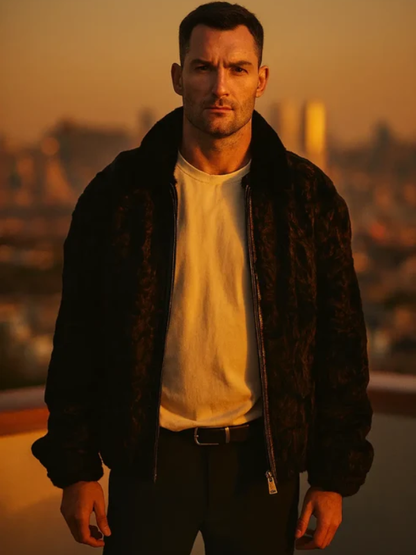 Luxury Black Persian Lamb Fur Coat for Men with Mink Collar